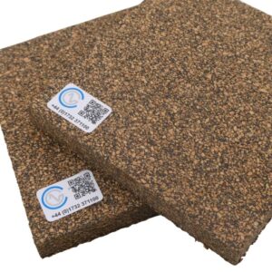A close-up of two pieces of Neoprene Bonded Cork on a white backdrop